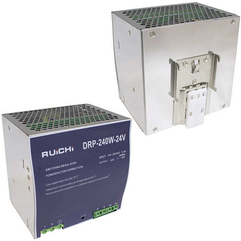 Блок питания на DIN-рейку RUICHI DRP-240-24, 100-240 В (АС) 10 А, 24 В, металлический корпус